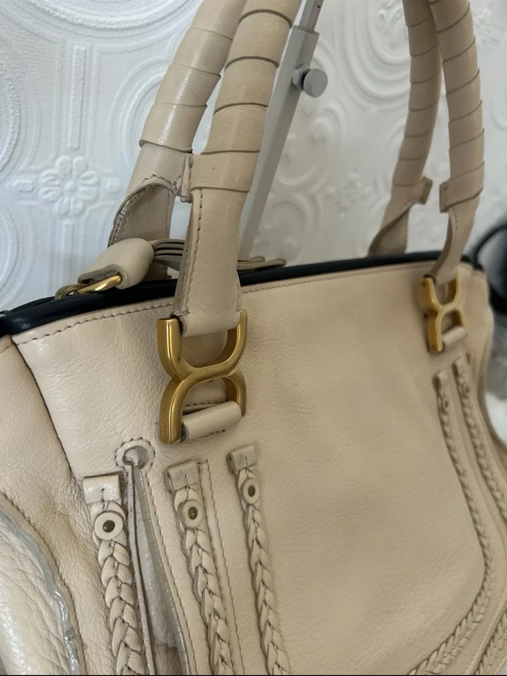 Chloe Beige Braided Satchel with Gold Hardware